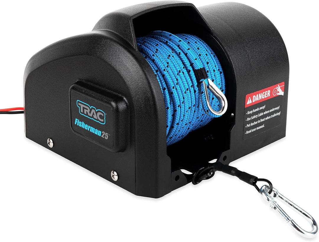 Camco TRAC-Outdoor Products Fisherman 25-G3 Electric Anchor Winch - Anchors Up to 25 lb. - Includes 100-feet of Pre-Wound Anchor Rope with Use (69002), Black