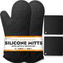 HOMWE Silicone Oven Mitts and Pot Holders, 4-Piece Set, Heavy Duty Cooking Gloves, Kitchen Counter Safe Trivet Mats, Advanced Heat Resistance, Slip-Resistant Textured Grip, Black