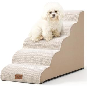 Dog Stairs for Small Dog 22.6" H, Curved Pet Step for Puppy, Older Cat, Medium Pet Ramp for High Bed, Ladder with High Density Foam, Durable, 5 Step, 15.7x33x22.6 inch, Beige