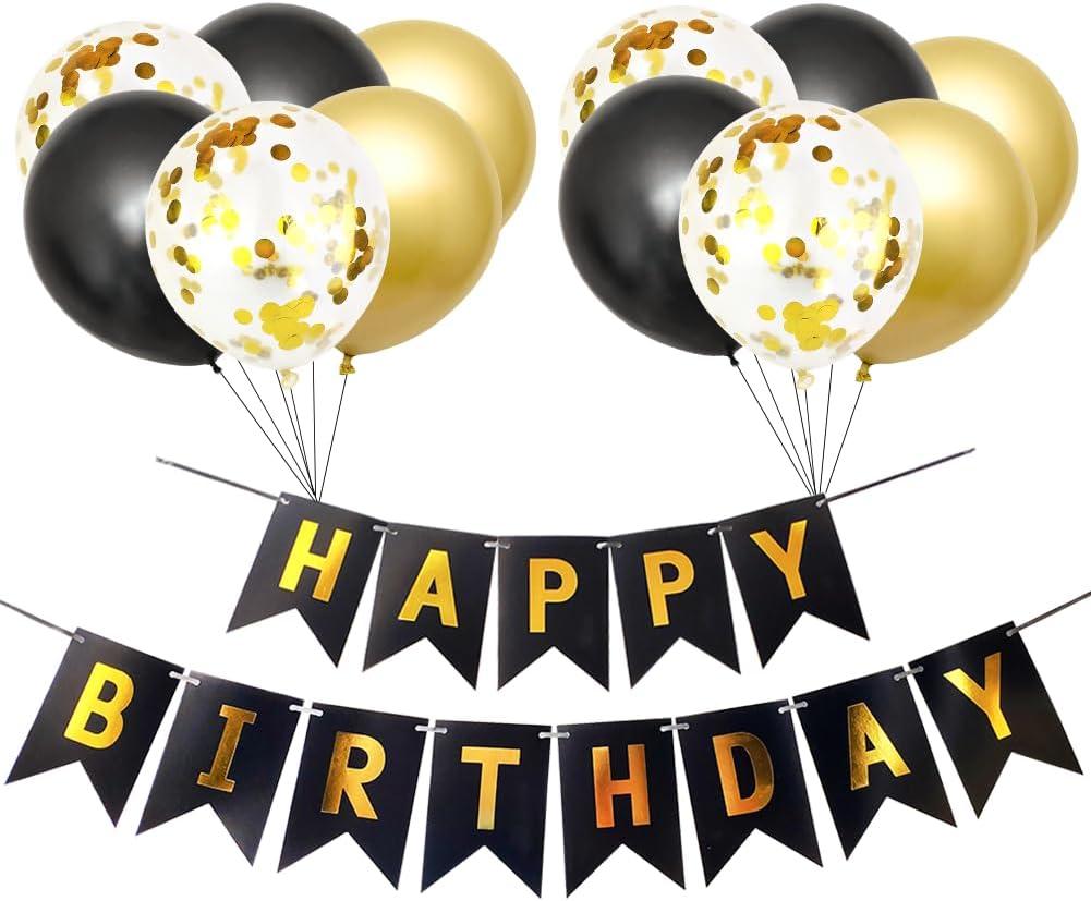 2 x Happy Birthday Decorations Banner and Balloons, Happy Birthday Banner Sign Party Supplies Hanging Decorations Black Gold