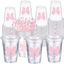 Sliner 25 Pcs 16 oz Coquette Disposable Plastic Cups with Straw for Party Supplies Bow Cups Birthday Wedding Bridal Engagement Party Drinkware Baby Shower Decoration (Pink Bow)