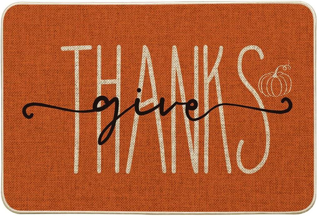Artoid Mode Give Thanks Pumpkin Thanksgiving Welcome Decorative Doormat, Seasonal Fall Low-Profile Floor Rug Switch Mat for Indoor Outdoor 24x35 Inch
