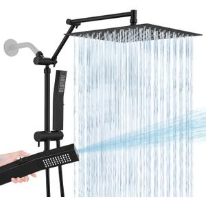 All Metal 12 Inch Rain Shower Head with Handheld Spray Combo, High Pressure Waterfall Rainfall Square Shower Heads with 16" Adjustable Extension Arm, Dual Showerhead with 3-Way Diverter, Matte Black