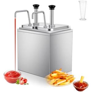 WELKOR Stainless Steel Ketchup Pump Dispenser - Commercial Condiment Pump with Measuring Cup, Large Capacity for Sauce, Honey, Syrup, Mustard, Cheese(2 Pump Head, 3.17 Quart Each)