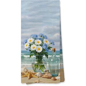 Coastal Beach Daisy Kitchen Towel, Summer Coastal Floral Dish Tea Towel for Kitchen, Daisy Inspirational Decorative Hand Towel for Bathroom, 16x24 Inches