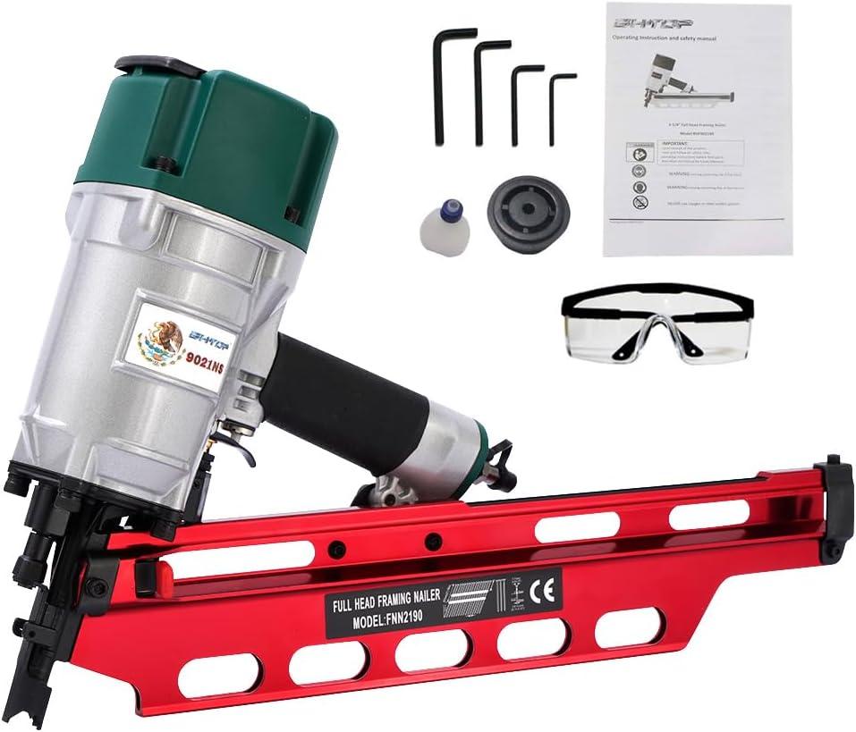 BHTOP Mexican Style 9021NS Framing Nailer 21 Degree 3-1/2" with Depth Adjustment Professional Air Nail 