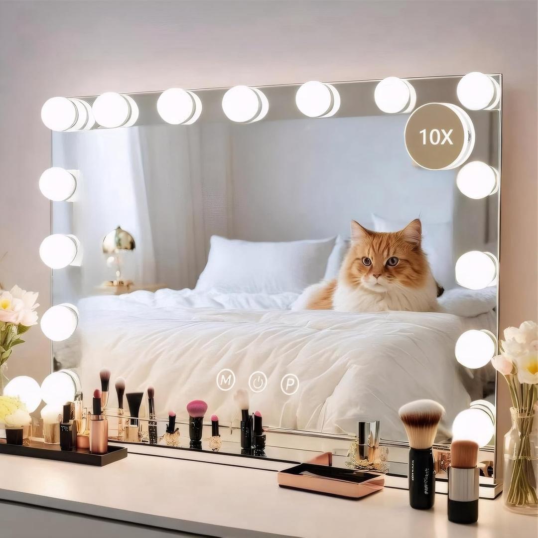 22.8" x 18.2" Wall-Mounted Mirror Vanity Mirror with Lights White Makeup Mirror Hollywood Mirror with 15 Dimmable LED Bulbs 3 Color Modes 10X Magnification & USB Charging Port