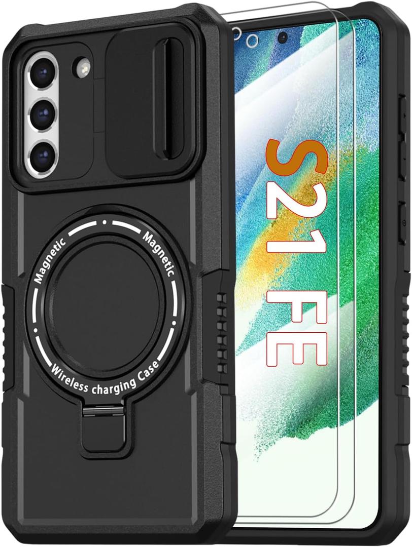 Magnetic Case for Samsung Galaxy S21 FE, with Ring Stand [2X Screen Protector] [Compatible with MagSafe] Military Grade Case with Camera Cover, Shockproof Cover for Samsung S21FE 5G 6.4 inch, Black