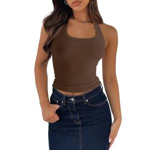 Women's Sleeveless Scoop Neck Knit Ribbed Seamless T-Shape Tank Top Fitted Casual Racerback Blouses (S)