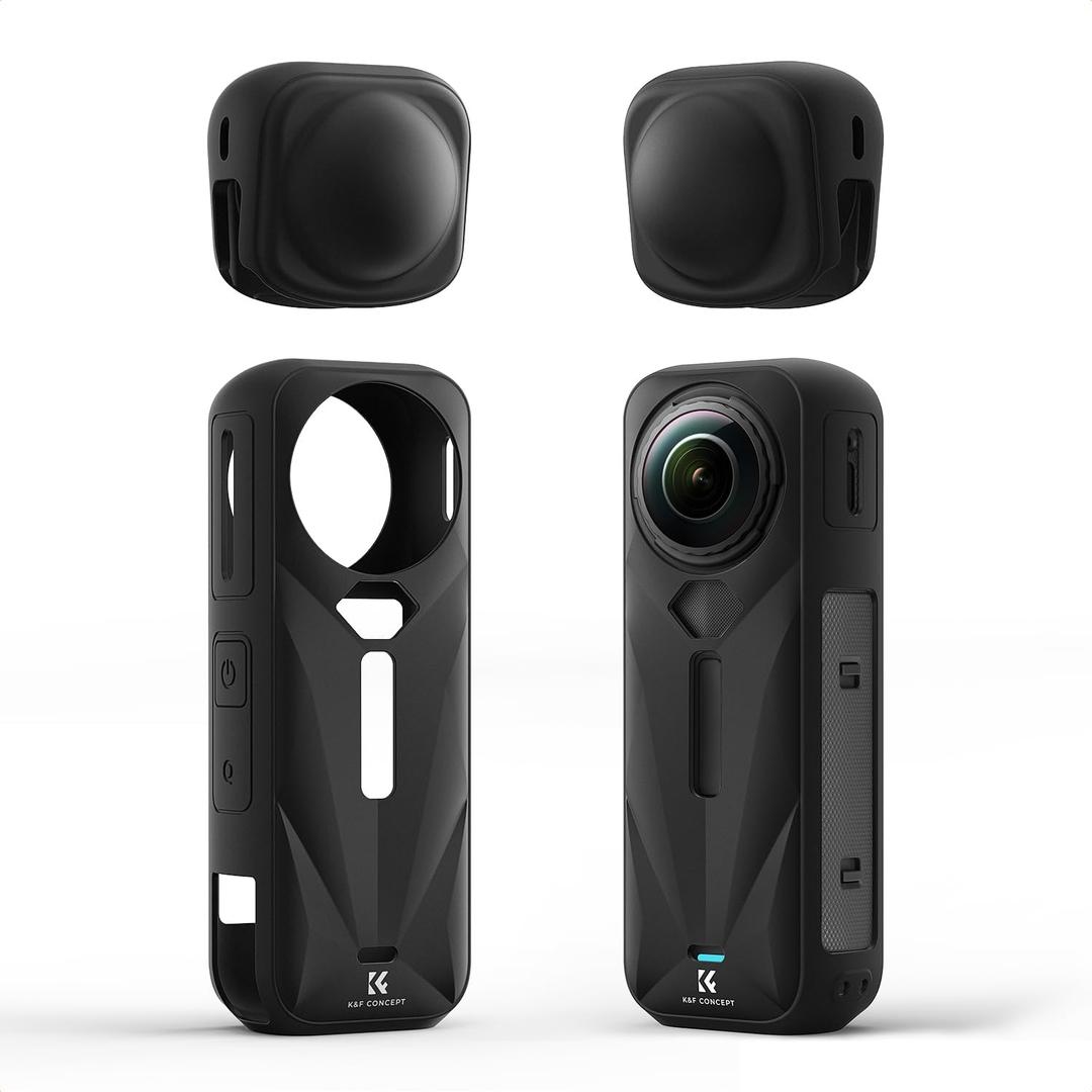 K&F CONCEPT Black Silicone Sleeve Case for Insta360 X5, Soft Protective Case with Lens Cover, Battery Side Open, All-Round Protect Action Camera Accessories
