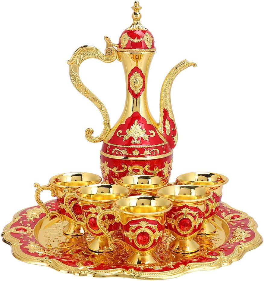 Vintage Turkish Coffee Set, Small Teapot Set Russian Metal Pot Kit Contain Tray Teapot Flask and 6 Cups Retro Jug and Mini Goblets for Wedding Ornaments Gift Tea Party(Red)