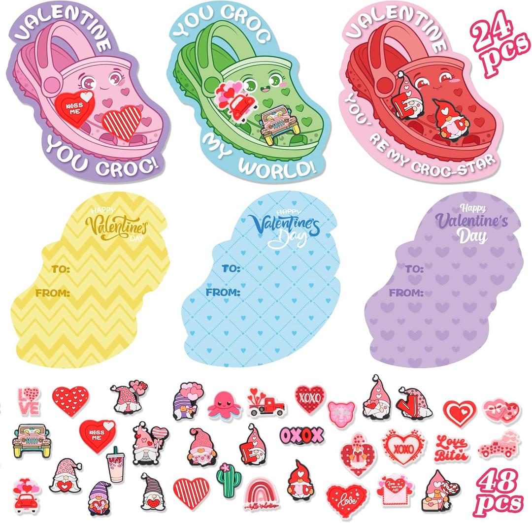 CCINEE 24 Sets Valentines Day Cards for School Classroom Kit, 24PCS Funny Valentines Gift Cards with 48PCS Shoe Charms Bulk for Boy Girl Classroom School Party Favor