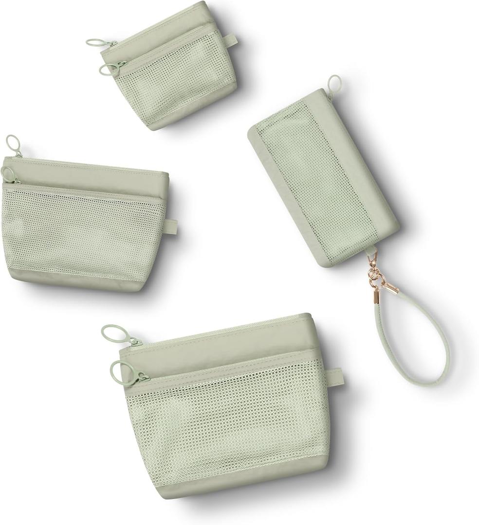 GIVLEFLY 4PCS Small Storage Bag Set, Mesh Zipper Pouch Organizer with Wristlet Keychain, Coin Purse Card & ID Holder, Portable Mini Cosmetic Bag, Bag in Bag Purse Organizer for Travel,Green