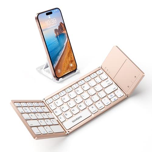 Samsers Foldable Bluetooth Keyboard with Touchpad - Portable Wireless Keyboard with Holder, Rechargeable Full Size Ultra Slim Pocket Folding Keyboards for Android Windows iOS Tablet & Laptop - Pink