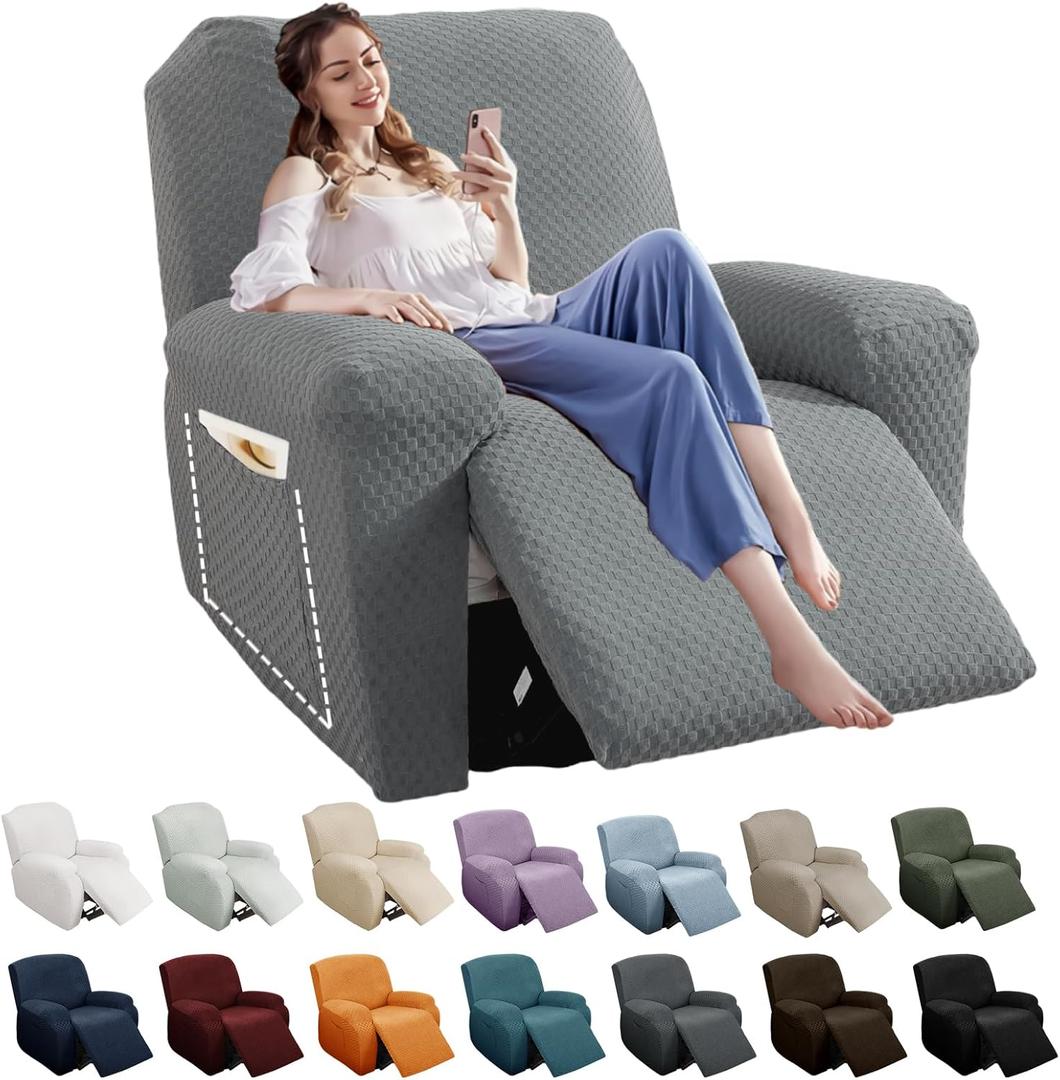 YEMYHOM 4 Pieces Oversized Stretch Recliner Slipcover Latest Jacquard Large Recliner Chair Cover with Side Pocket Anti-Slip Furniture Protector with Elastic Bottom (X-Large Recliner, Light Gray)