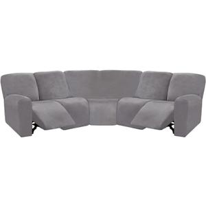 ULTICOR 7-Piece L Shape Sectional Recliner Sofa Covers, Velvet Stretch Reclining Couch Covers for Reclining Sofa, Thick, Soft, Washable (Light Gray, 5 Seat Recliner Cover)