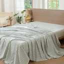 MooMee Striped Flat Top Sheet Only 100% Washed Cotton Linen Like Textured Breathable Durable Soft Comfy (Heathered Green Classic Stripes, Queen)