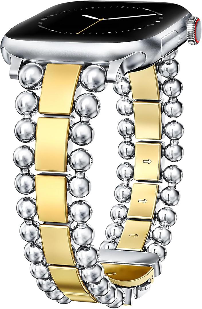 TOYOUTHS Beaded Bracelet Compatible with Apple Watch Bands 38/40/41/42/44/45/46/49mm Women, Dressy Fancy Stainless Steel Metal Elegant Jewelry Strap for iWatch Series 11 10 9 8 7 6 5 4 Ultra/SE 3 2 1 (Silver/Gold)