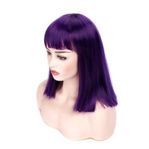 morvally Short Straight Purple Wig with Bangs Natural Looking Heat Resistant Hair Cosplay Costume Wigs for Women (14 inches Dark Purple)