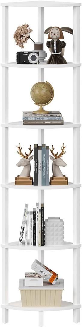 Corner Shelf, 6-Tier Corner Bookshelf, Industrial Corner Ladder Shelf, DIY Storage Shelves, Modern Display Shelf for Living Room, Bedroom, Kitchen, Home Office, White UJSJ004W