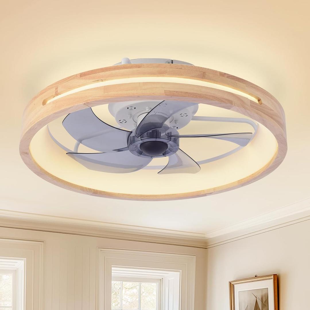 Modern Low Profile Ceiling Fans with Lights and Remote, 20" Wooden Flush Mount Reversible Bladeless Ceiling Fans with Light3000K-6000K Dimmable LED Timing and 6 Wind Speeds