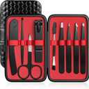 Tweezers Set, Hyxhappy 9 pcs Professional Stainless Steel Tweezers Kit for Facial Hair, Precision Plucker Eyebrow Tweezer Kit with Luxurious Travel Case as Stocking Stuffers Gifts for Women/men (Black and Red)