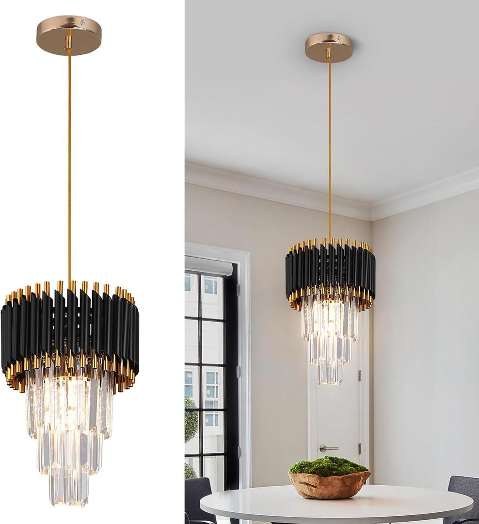 Crystal Chandelier Gold Pendant Light Fixtures Modern Round Crystal Pendant Light for Kitchen Island D9'' Luxury Hanging Light for Dining Room LED Light with Bulb for Bedroom Living Room (D23-Black)