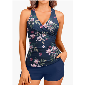 Women Tankini Swimsuits with Shorts - Two Piece Tummy Control Bathing Suits Top with Two Pockets Bottom Swimwear, size M
