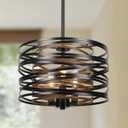 12.6'' Farmhouse Chandeliers for Dining Room, 3-Light Industrial Metal Hanging Light Fixture, Rustic Drum Pendant Light for Entryway Kitchen Foyer Bedroom, Black with Retro Wood Texture Interior (12.6"/3-Light)