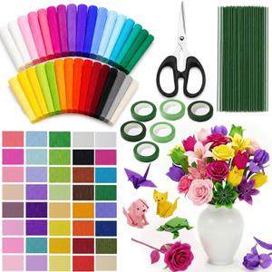 40 Rolls of 40-Color Bulk Crepe Paper, Including 100 Flower Stems and 6 Rolls of Tape, Plus a Free 5.43-inch Pair of Scissors Suitable for Bouquet Wrapping, DIY Crafts, Wedding and Party Decorations