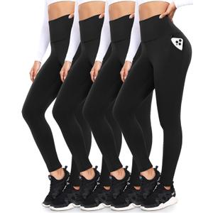 FULLSOFT 4 Pack Leggings with Pockets for Women,Soft High Waisted Tummy Control Workout Yoga Pants (Small-Medium, 01-4 Black)