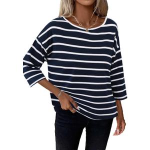 LilyCoco 3/4 Length Sleeve Womens Tops Boat Neck Striped Shirt Long Cotton Tshirts White X-Large
