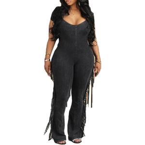 YOOTIKO Womens Sexy V Neck Bodycon Jumpsuit Tassels Fringe Pants Clubwear Casual Outfits Cute Romper (XL, Black)