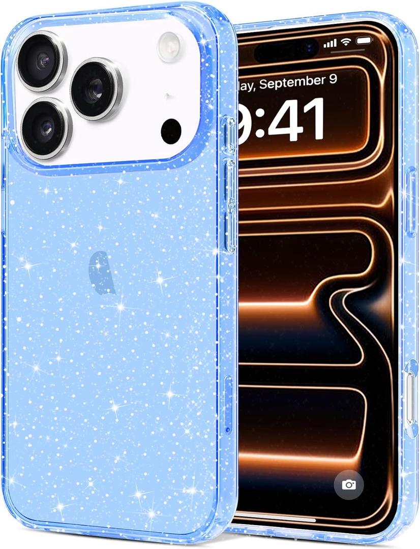 JJGoo Compatible with iPhone 17 Pro Case Clear Glitter, Sparkle Soft TPU Transparent Shockproof Women Girls Slim Bling Sparkly Bumper Cover Phone Cases for iPhone 17 Pro, Blue