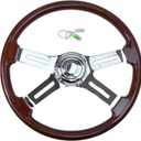 18'' Walnut Wood Steering Wheel with 4 Spokes and 2'' Deep Plated Bracket, Modified Interior Accessory for Semi-Trailers, Compatible with Kenworth, Peterbilt, Volvo, Freightliner Truck（ABS）