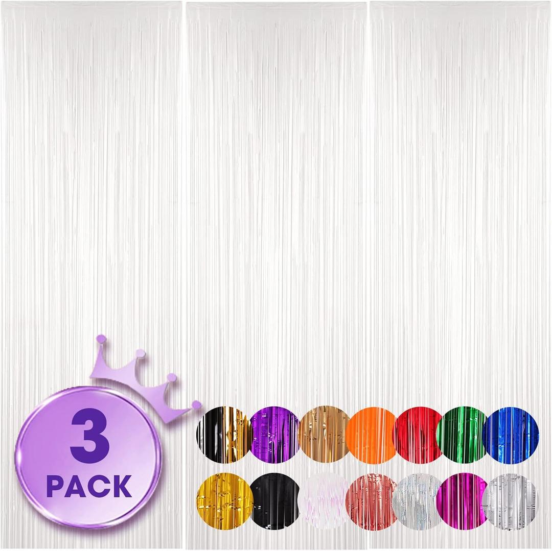 Voircoloria 3 Pack 3.3x8.2 Feet White Foil Fringe Backdrop Curtains, Tinsel Streamers Birthday Party Decorations, Fringe Backdrop for Graduation, Baby Shower, Gender Reveal, Disco Party