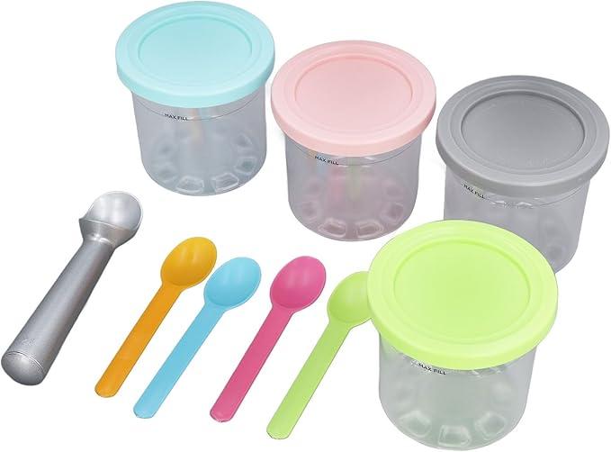 Containers Replacement, 4pcs Ice Cream Pint Containers with Lids, 4 Spoons & 1 Scoop