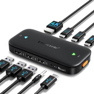 Lemorele USB C KVM Switch, 2 Computer Sharing 4K@60Hz HDMI Monitor, 100W PD Fast Charging, 3USB-A 2.0 + 1USB-C 2.0 Data Ports, 3.5mm Audio for Windows/Mac/Linux