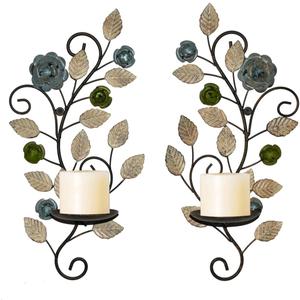 Metal Wall Candle Sconce Holders Set of 2, Rustic Leaf and Flower Branch Candle Holder Wall Decoration for Living Room Farmhouse Wedding Fireplace (Antique Color)