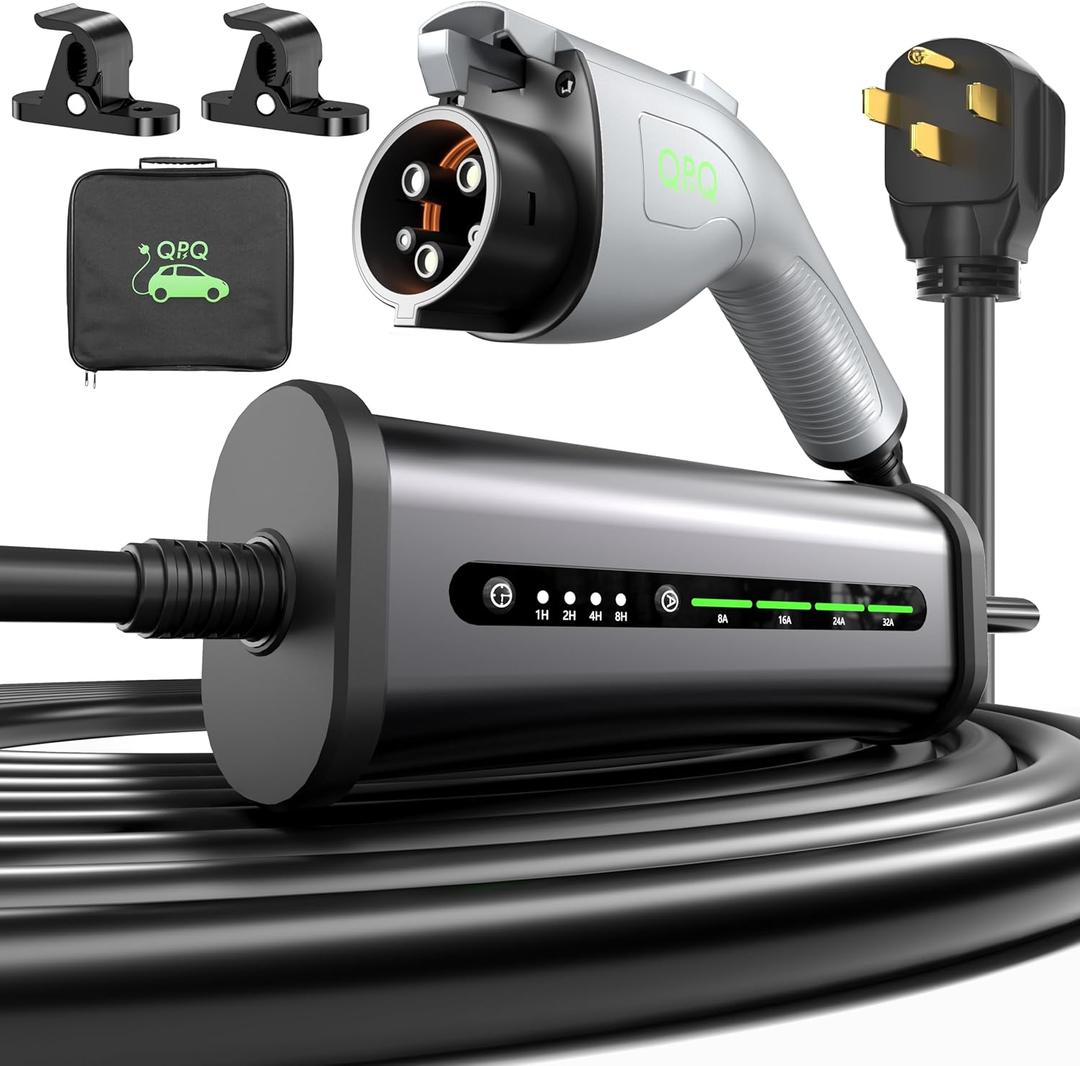 QPQ Level 2 EV Charger 32A 240V NEMA 14-50P, Portable Electric Vehicle Charging Stations with Adjustable Current/Timing Delay, 25FT Level 2 Charger with EV Charger Box Holders for J1772 Evs