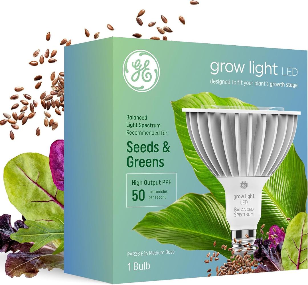 GE Grow LED Light Bulb, PAR38 Flood Light, Indoor LED Grow Lights for Plants, Seeds and Greens, Balanced Light Spectrum, 25,000 Hours Lifespan, 50 PPF, 1 Pack 