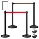 4-Pack Black Stainless Steel Crowd Control Stanchions, 9.8 ft Retractable Red Safety Belts with 1 Sign Holder(Red Belt)