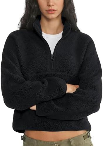 Yioaga Fleece Sweatshirts for Women Cropped Long Sleeve Half Zip Pullover Sherpa Jacket Warm Fuzzy Coats with Pockets M
