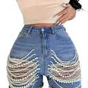 Unybwonn Denim Shorts Women Ripped Cutout Pearls Chain Jean Shorts Rhinestone Stretchy Distressed Raw Hem Tassels Shorts (X-Large, Blue)