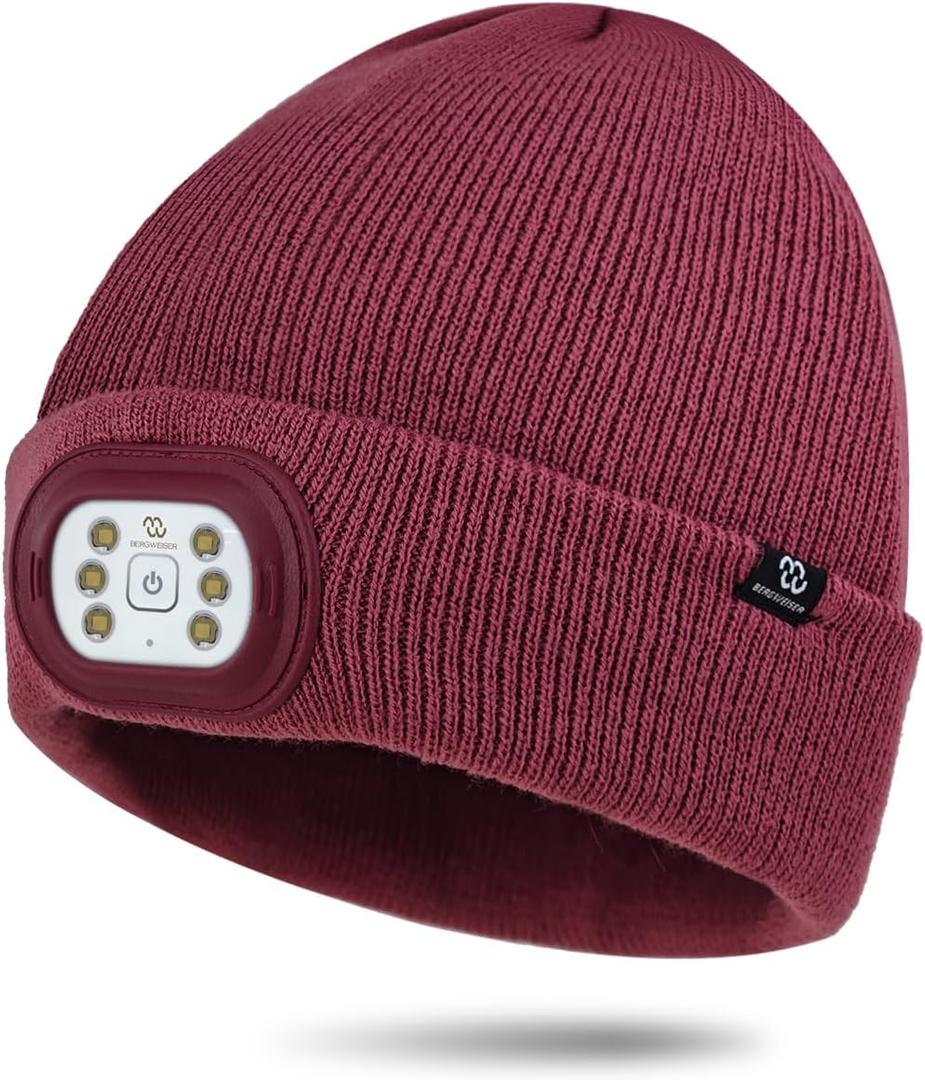 LED Beanie with Light, 3 Adjustable Modes Headlamp Beanie Hat, Removable Rechargeable USB with Night Strobing for Outdoor Running, Camping, Hiking, Fishing, Christmas Gift for Men Women, Wine