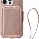 ZVE Wallet Case for iPhone 16 Pro Max, Phone Cover with Card Holder Wrist Strap, RFID Blocking Zipper Leather Cover for iPhone 16 Pro Max, 6.9" -Rose Gold
