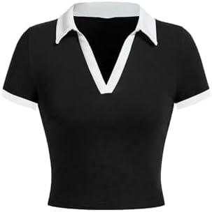 Avanova Women Polo Collared V Neck Tee Shirts Ringer Short Sleeve Crop Tops S