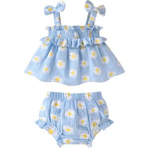 Infant Toddler Baby Girl Summer Cotton Clothes Strap Ruffle Smocked Top and Shorts 2Pcs Outfit Clothing Set (Blue)