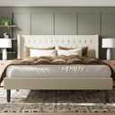 King Size Bed Frame, Upholstered Platform Bed with Wingback Headboard, Velvet Button Tufted, Easy Assembly, No Box Spring Needed, Beige