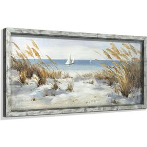 Coastal Framed Wooden Wall Art: Beach Oil Painting Style Seaside Pictures Seascape Art Prints Sand Dunes & Sailboat Artwork for Bathroom 24"x12"